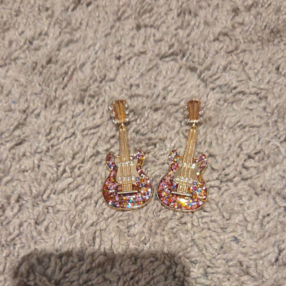 Gold Guitar Shaped Earrings with Multicolor Glitter